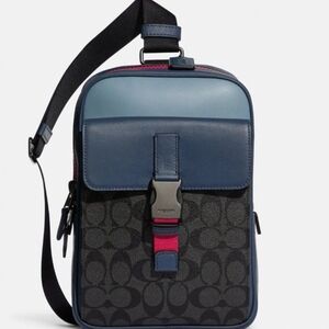 Coach Men’s Navy, Light Blue & Pink Signature Messenger Sling
